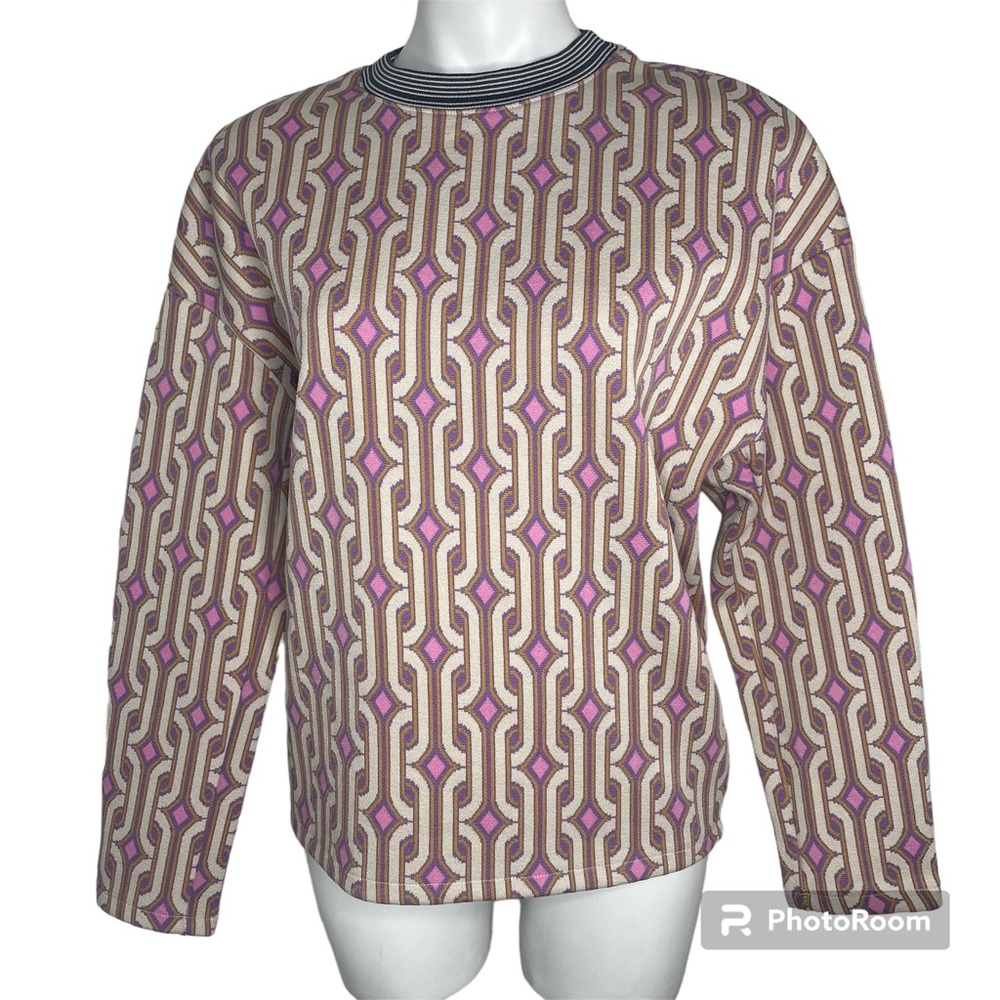H&M Retro Knit Top 8 Pink Purple Gold Black White Crew Neck Geometric